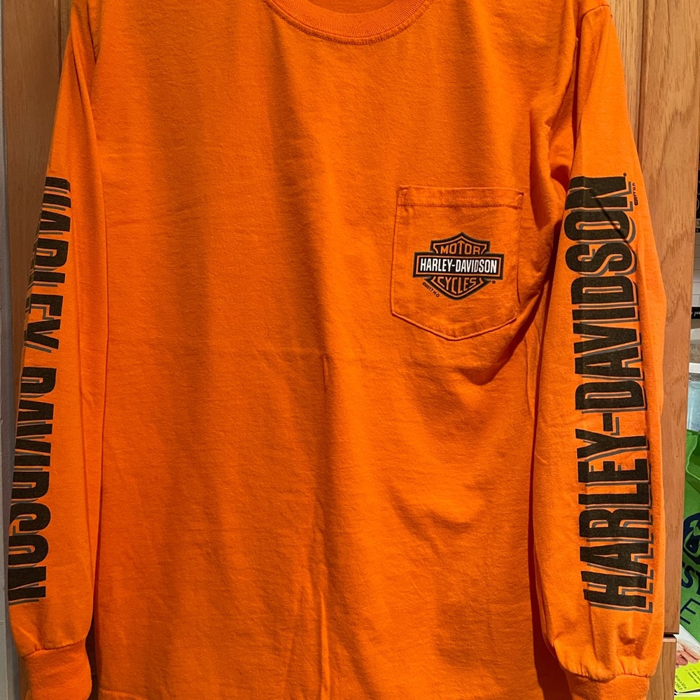 Harley-Davidson Orange Long Sleeve Tee with Bold Sleeve Text